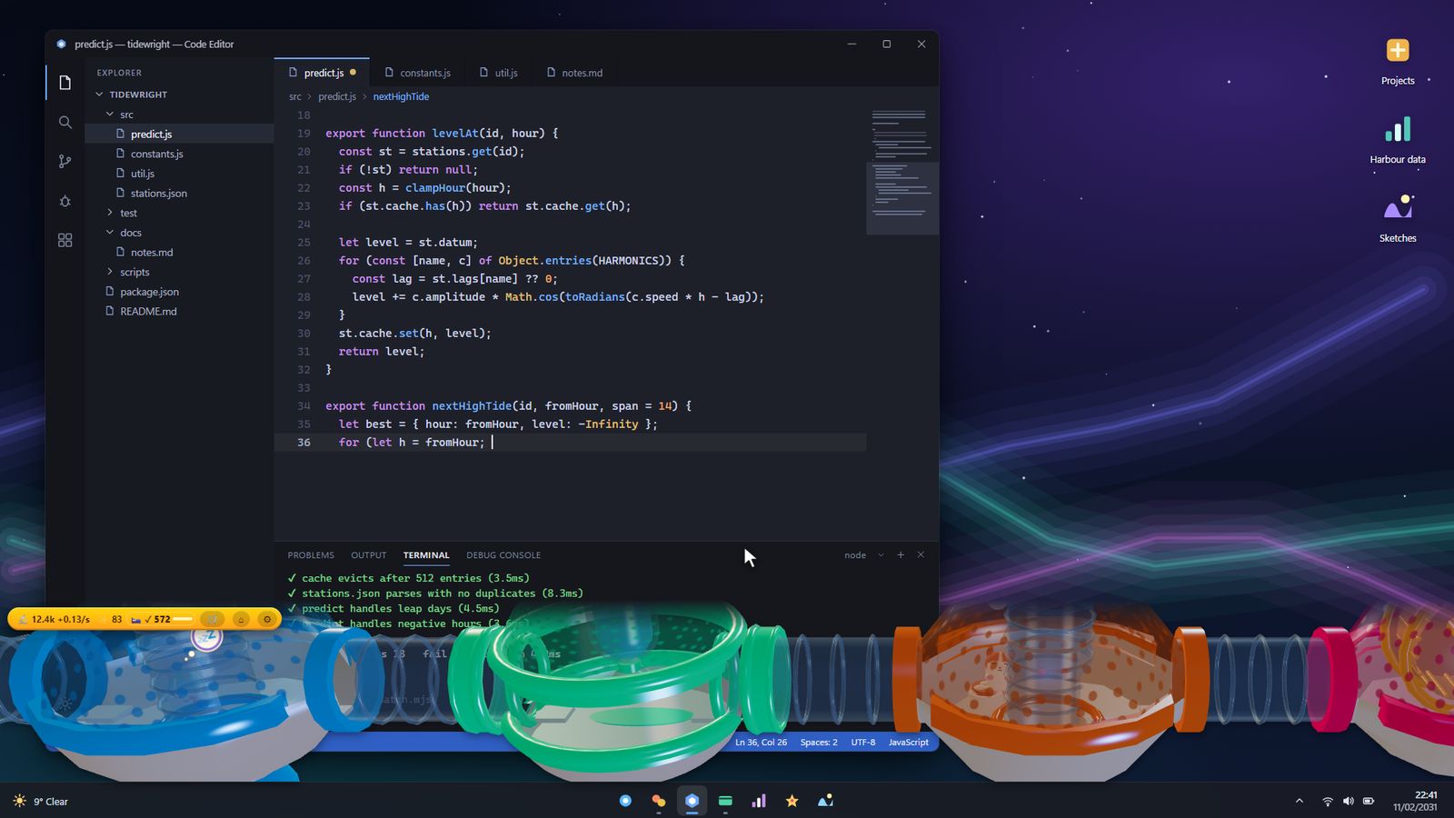 Hamsters waking up in their habitat above a code editor